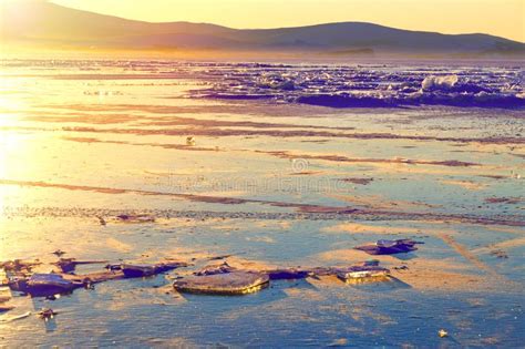 Colorful Sunset Over The Crystal Ice Of Baikal Lake Stock Image Image