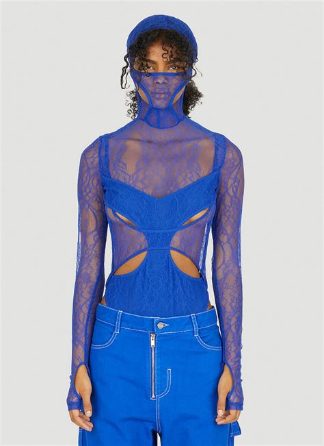 Visceral Lace Masked Bodysuit In Blue Dion Lee