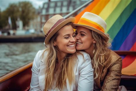 premium ai image beautiful lesbian couple in a boat in amsterdam celebrating lgbtq pride with