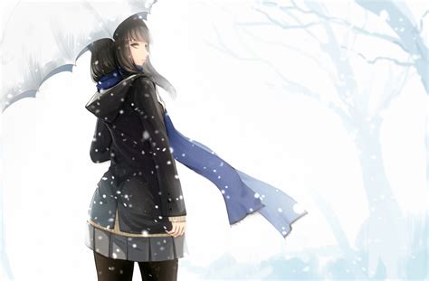 Download 3000x1972 Anime Girl Snow Hood Umbrella Black Hair Blue