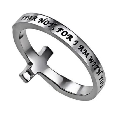 Fear Not Ring Bible Verse Sideways Cross Stainless Steel With Clear Cz