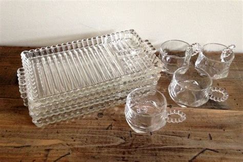 Vintage Set Of Hazel Atlas Orchard Crystal Glass Luncheon Plates Cups