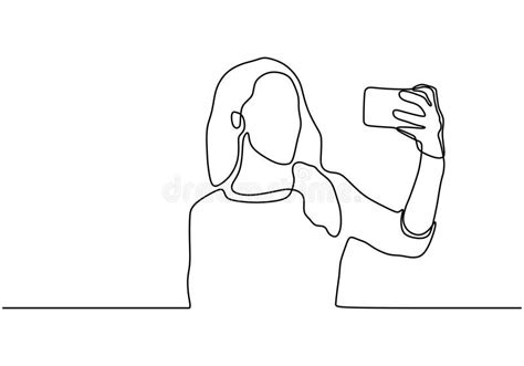 Continuous One Line Drawing Of Selfie Girl Vector Woman Or Person