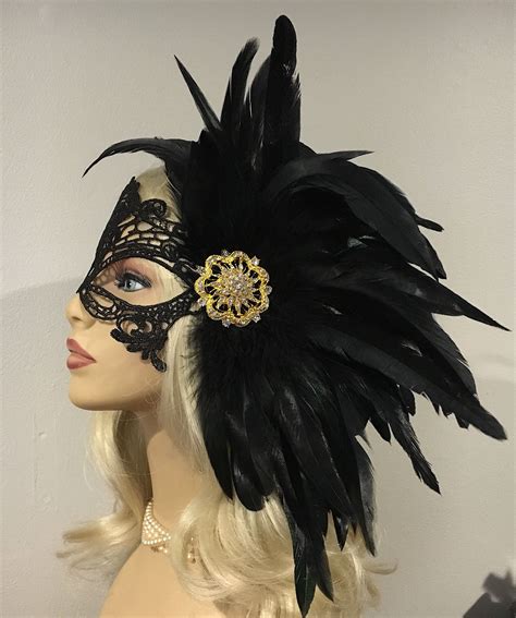 Black Lace Masquerade Mask With Natural Feathers Gold Brooch Etsy