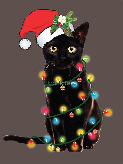 Black Santa Cat Tangled Up In Lights Christmas Santa Illustration