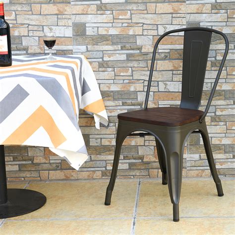 Topbuy Set Of 4 Tolix Style Metal Dining Side Chair Wood Seat Stackable