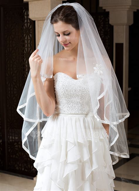 Two Tier Fingertip Bridal Veils With Ribbon Edge 006034330 Wedding