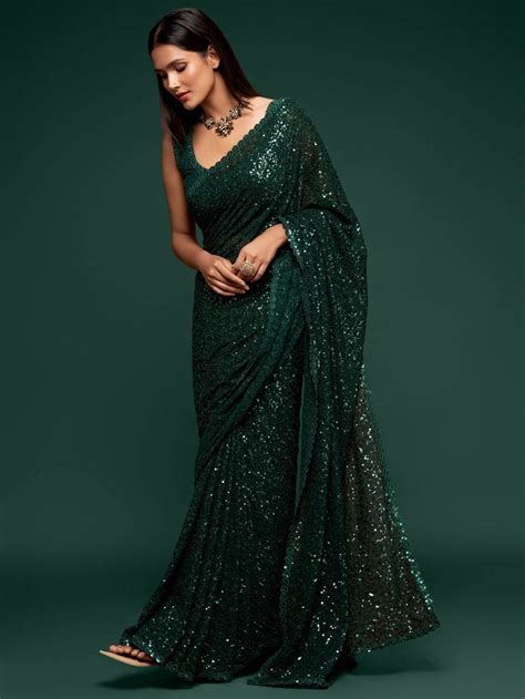 Dark Green Georgette Sequined Saree Fancy Sarees Party Wear Sarees