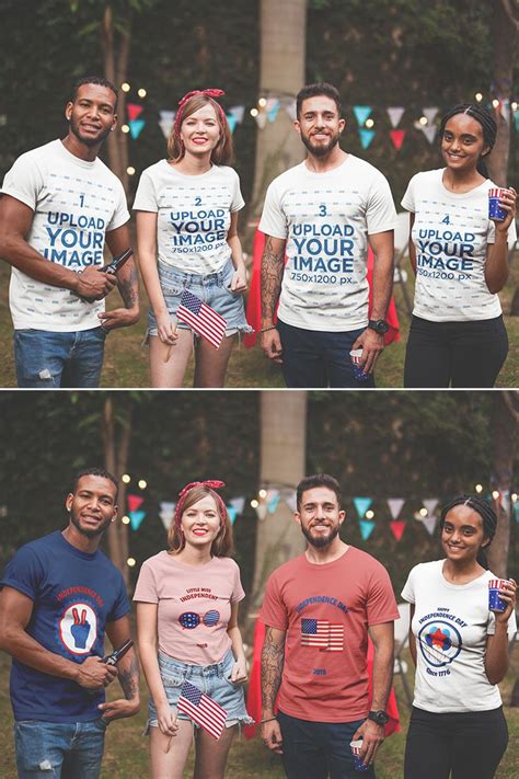 placeit interracial group of four friends wearing tshirts mockup at a bbq party clothing