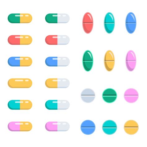 Set Of Pills Of Different Shapes Capsules Vitamins Pain Relievers