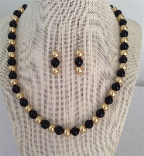 Gold Bead Necklace Black Pearl Jewelry Set Wedding Jewelry Etsy In