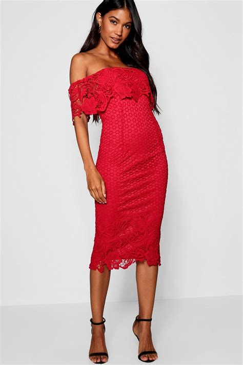 Womens Boutique Lace Off Shoulder Midi Dress Red 6 Red Midi Dress
