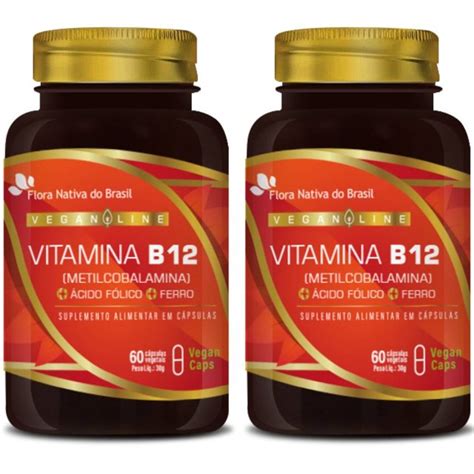 Kit 2x Vitamina B12 Ferro Ácido Fólico Vegano 60 Cápsulas Flora