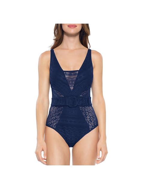 Rebecca Virtue Becca By Rebecca Virtue Womens Crochet Belted One Piece Swimsuit Navy XS