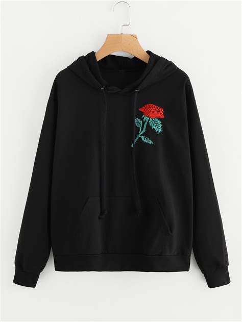 Rose Embroidered Hooded Sweatshirtfor Women Romwe Crewneck Sweatshirt