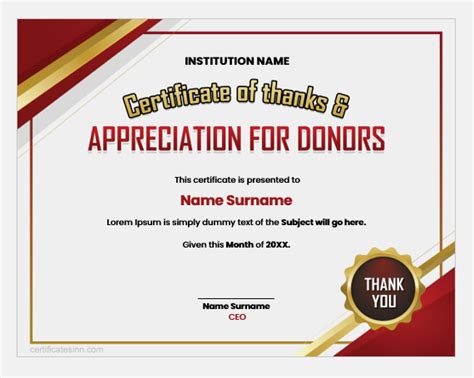 Certificate Of Thanks And Appreciation For Donors Editable