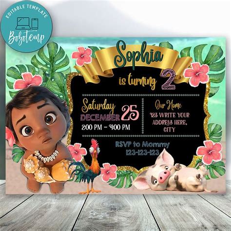 Editable Disney Princess Baby Moana Birthday Party Invitation Diy