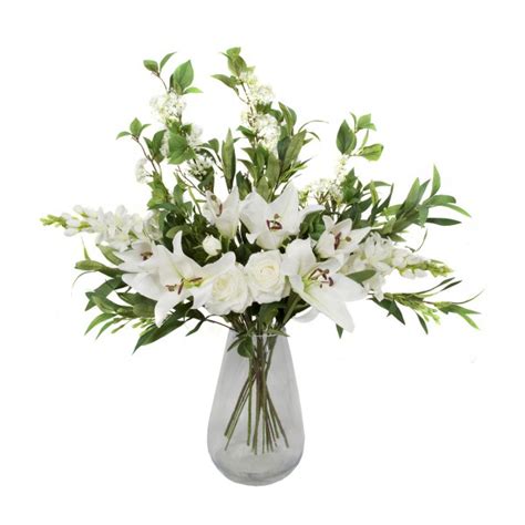 Artificial White Flower Bouquet With Lilies Roses Delphiniums