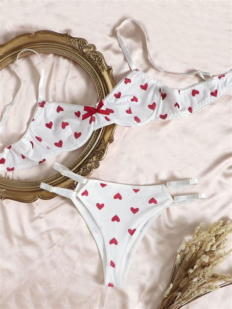 red and white romantic polyester heart slight stretch women intimates bra and underwear sets