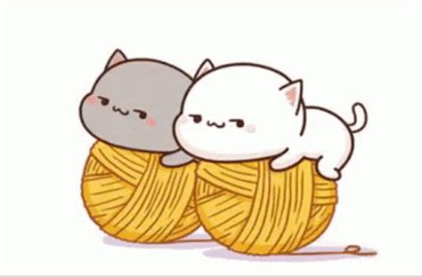 Cute Kawaii Cartoon Cats Rolling On Yarn 