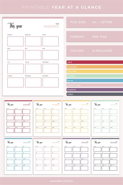 Printable Year At A Glance Planner Page Print At Home Yearly Etsy In