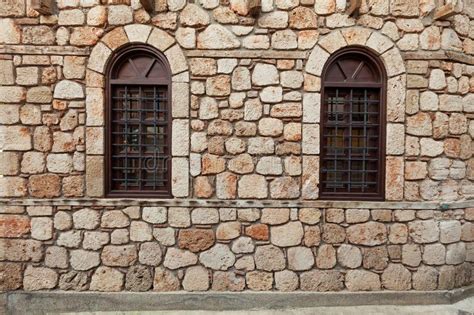 Two Windows On Old Stone Wall Stock Photo Image Of Metal