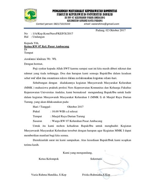 Contoh surat undangan rapat warga dilingkup rt dan rw. Contoh Surat Undangan Komunitas Doc