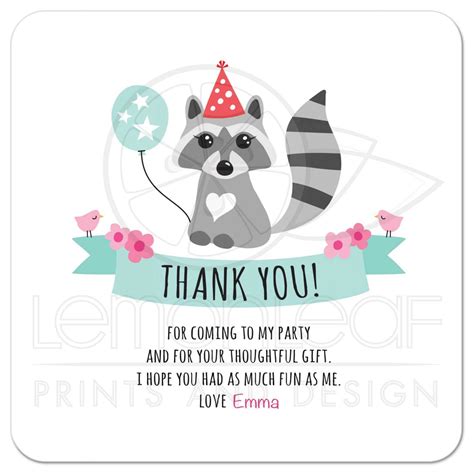 Celebrate all their magical moments with one of our brilliant personalised birthday cards. Cute raccoon with balloon and party hat, personalized text birthday thank you card