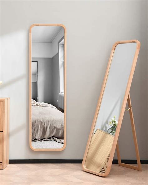 Tinytimes 63 ×18 Wooden Full Length Mirror Floor Mirror With Stand Beech Rounded