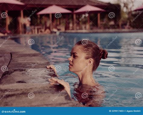Pretty Woman Swimming In The Pool Hotel Recreation Nature Stock Image