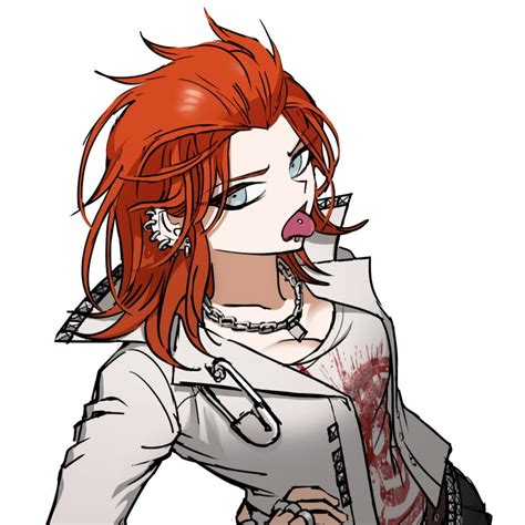 an anime character with red hair and piercings on her nose wearing a white shirt