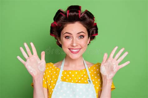Close Up Portrait Of Her She Nice Attractive Pretty Funny Girlish Cheerful Cheery Housewife