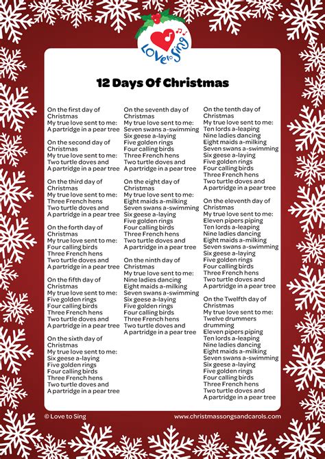 Printable Lyrics To 12 Days Of Christmas