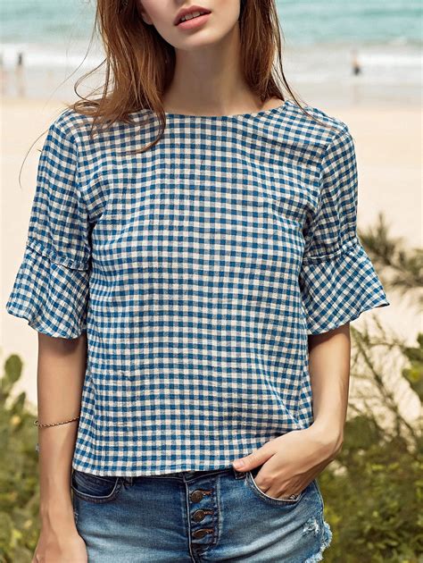 Ruffle Sleeve Low Back Gingham Top Blue Gingham Outfit Gingham Tops