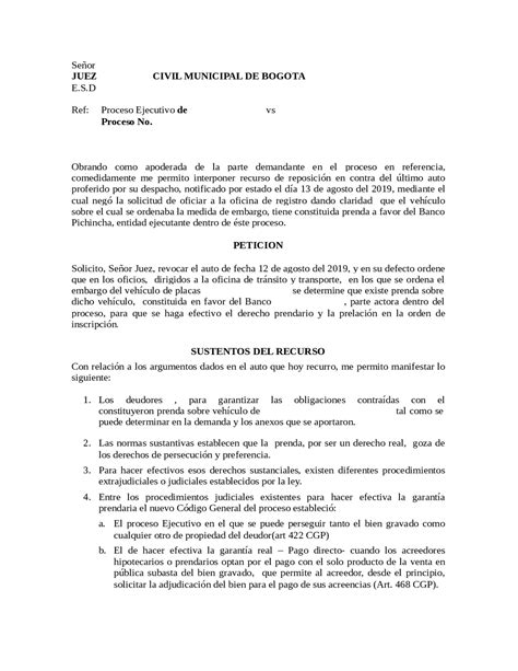 Formato Recurso De Reposicion Ejercicios De Derecho Procesal Docsity
