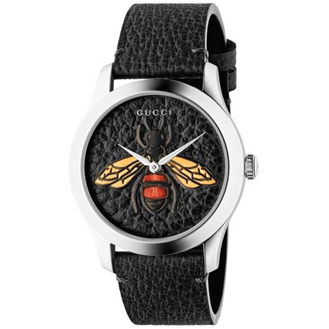 Gucci G Timeless 38mm Black Leather And Bee Motif Dial And Strap Watch