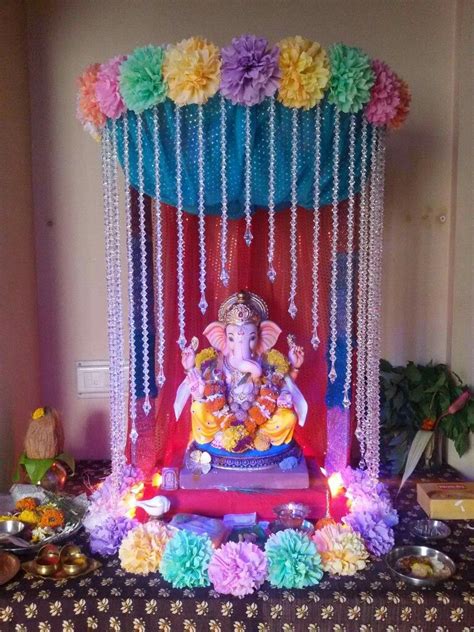 Ganesh Mandap Ganpati Decoration At Home Ganpati Decoration Design Goddess Decor