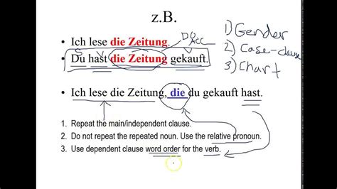 Note, however, that in german when the independent clause comes after a subordinate clause the conjugated verb comes before the subject. German Grammar: Relative Pronouns and Relative Clauses - YouTube