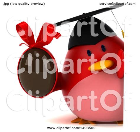 Clipart Of A 3d Chubby Red Bird Graduate On A White Background