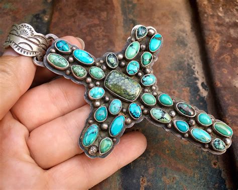 Large 4 Cluster Turquoise Stone Cross Pendant By Navajo Ted Secatero