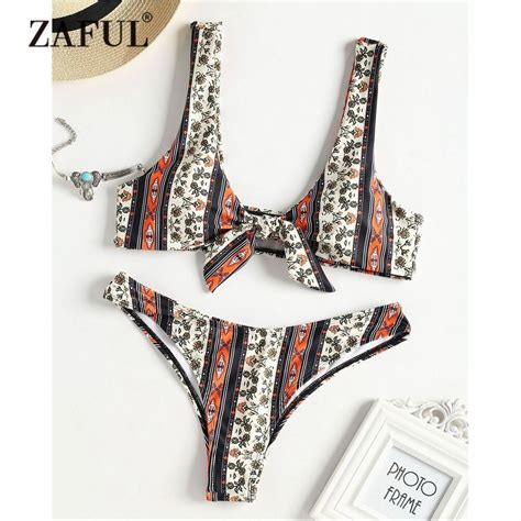 Zaful Front Tie Printed Bikini Swimwear Women Swimsuit Vintage Tiny