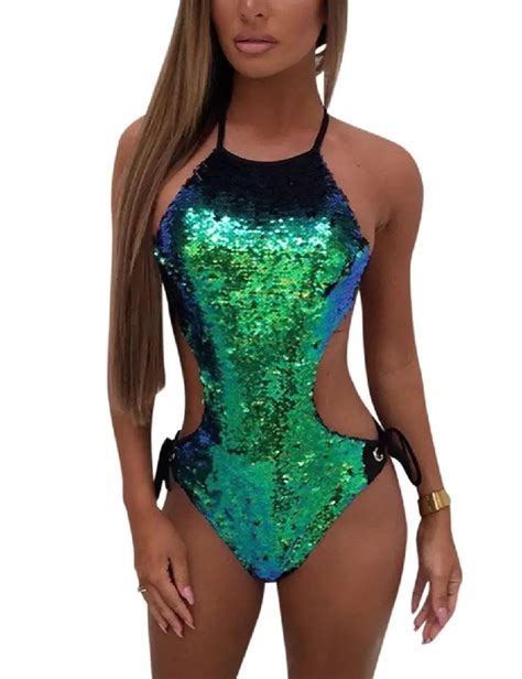 lumiparty gradient sexy sequin lace up swimsuit tankini swimwear single piece bikini body suits