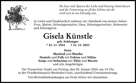 traueranzeigen von gisela künstle augsburger allgemeine zeitung