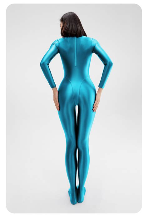 Amoresy Shiny Glossy Satin Spandex Silk Full Body Swimsuit Catsuit Back Zipper Suit Wet Suit