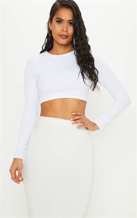 White Rib Long Sleeve Crop Top Tops Prettylittlething