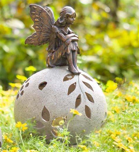 Resin Fairy On Glowing Globe Garden Statue Napping Wind And Weather
