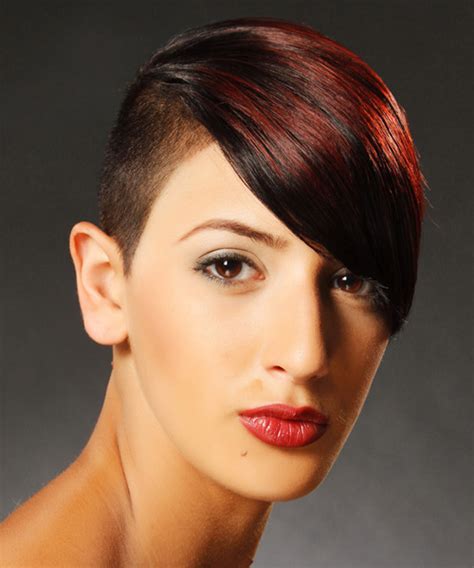 Short Straight Dark Red Undercut Hairstyle With Side Swept