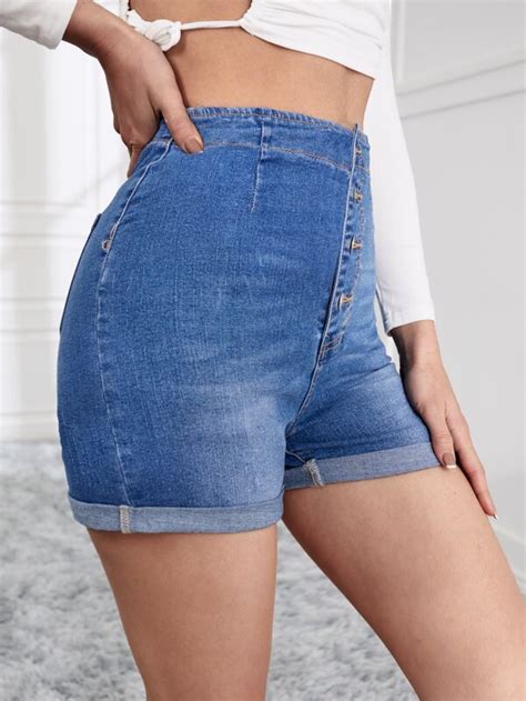 High Waist Button Fly Denim Shorts Shein Usa