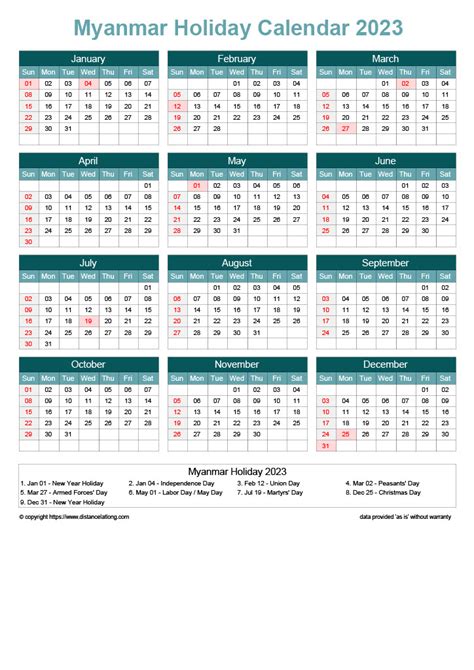 Download Free Printable 2023 Monthly Calendar With Myanmar Holidays
