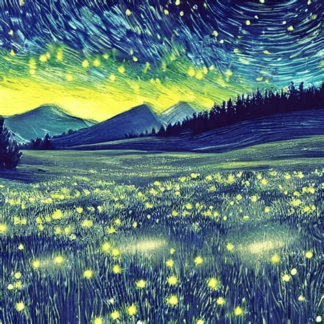 Starry Night Sky Night Meadow Many Fireflies · Creative Fabrica